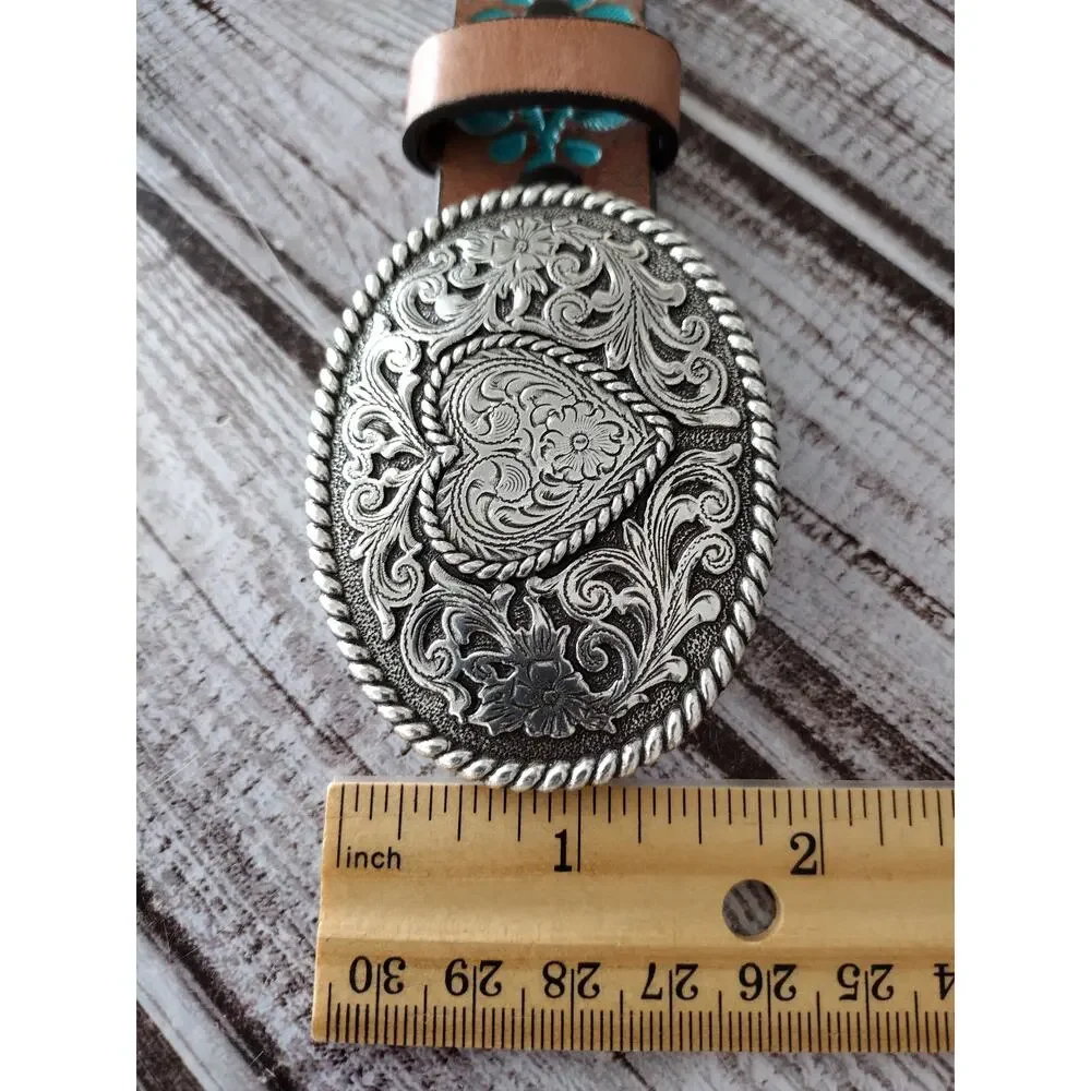 Justin Brown w/Teal Accent Tooled Leather Belt Silver-Tone Heart Buckle Women 26